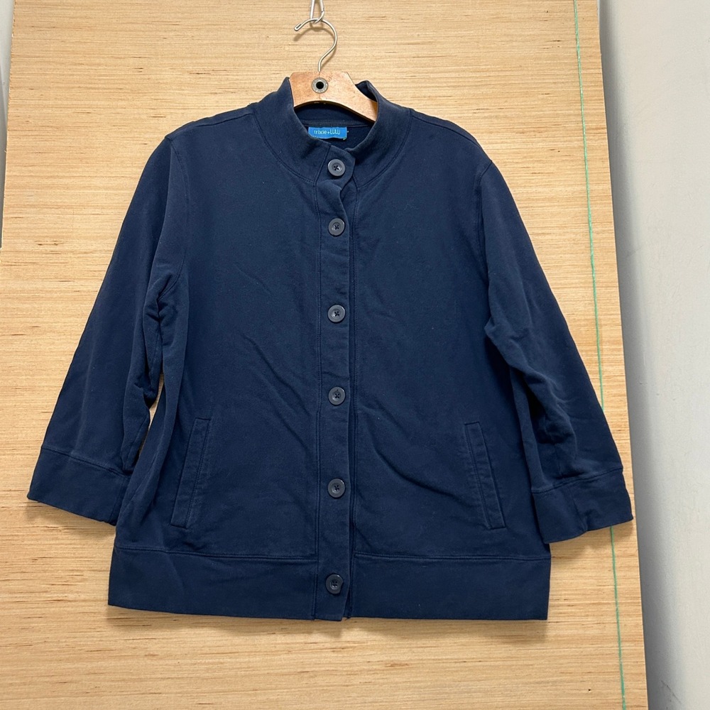 Trixie + Lulu Navy Blue Button Front Mock Neck 3/4 Sleeve Cardigan Jacket Pocket